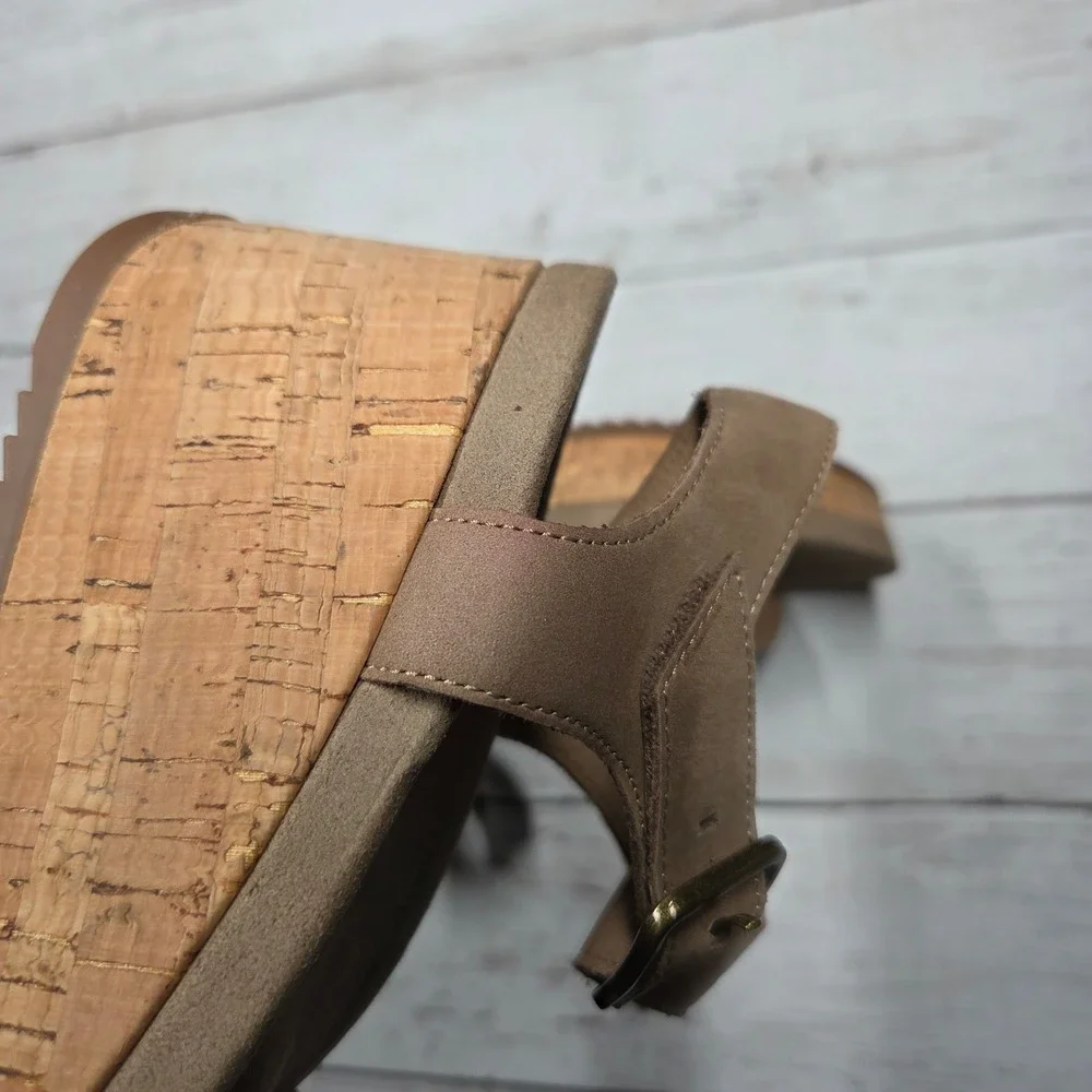ABEO Nylah Wedge Sandal Platform Tan Leather Womens 7.5M Cork Buckle ACNW0056